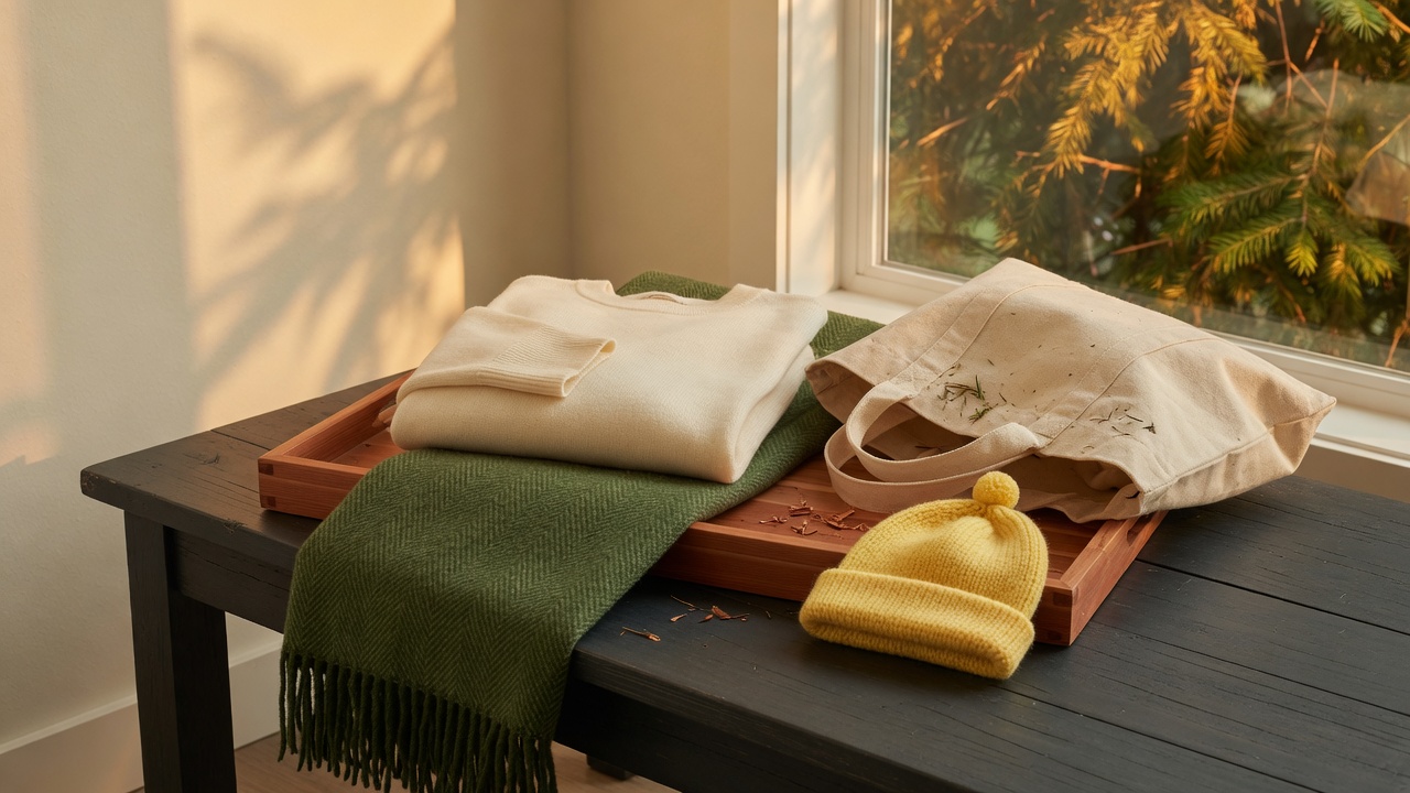 Cream sweater, forest throw, cedar tray, tote, and a yellow kids hat in late sun