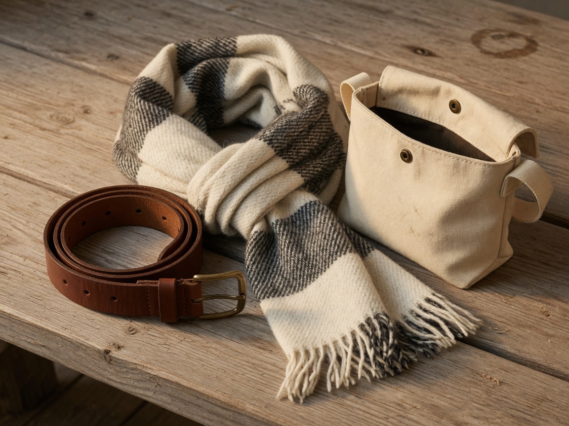 Leather belt, wool scarf, and canvas pouch