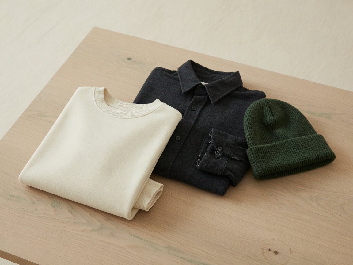Folded cream and charcoal apparel stack