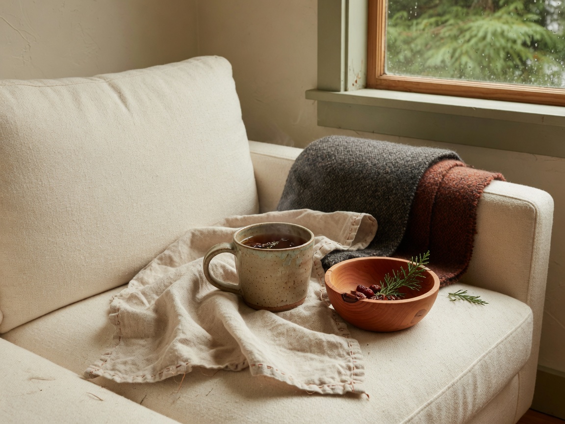 Mug, linen towel, and wool throw