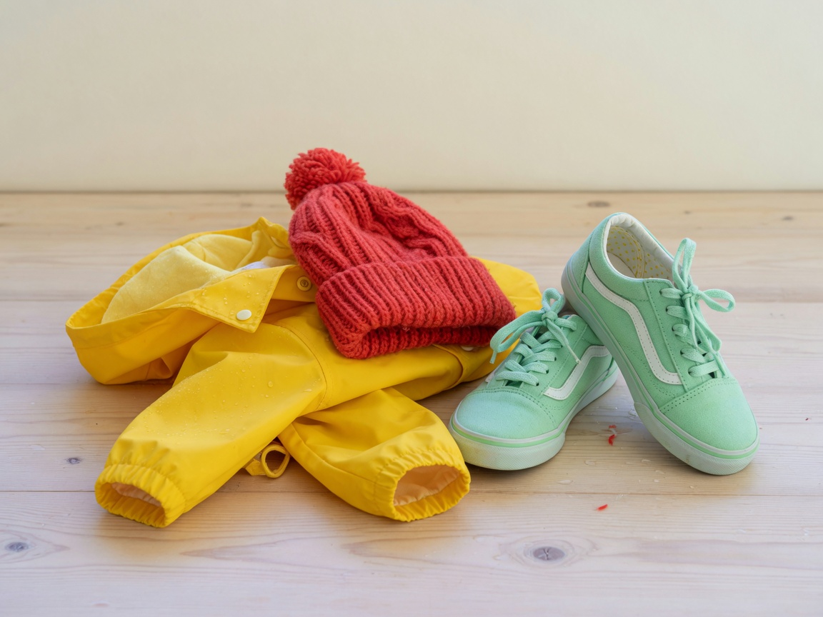 Kids raincoat, beanie, and sneakers together